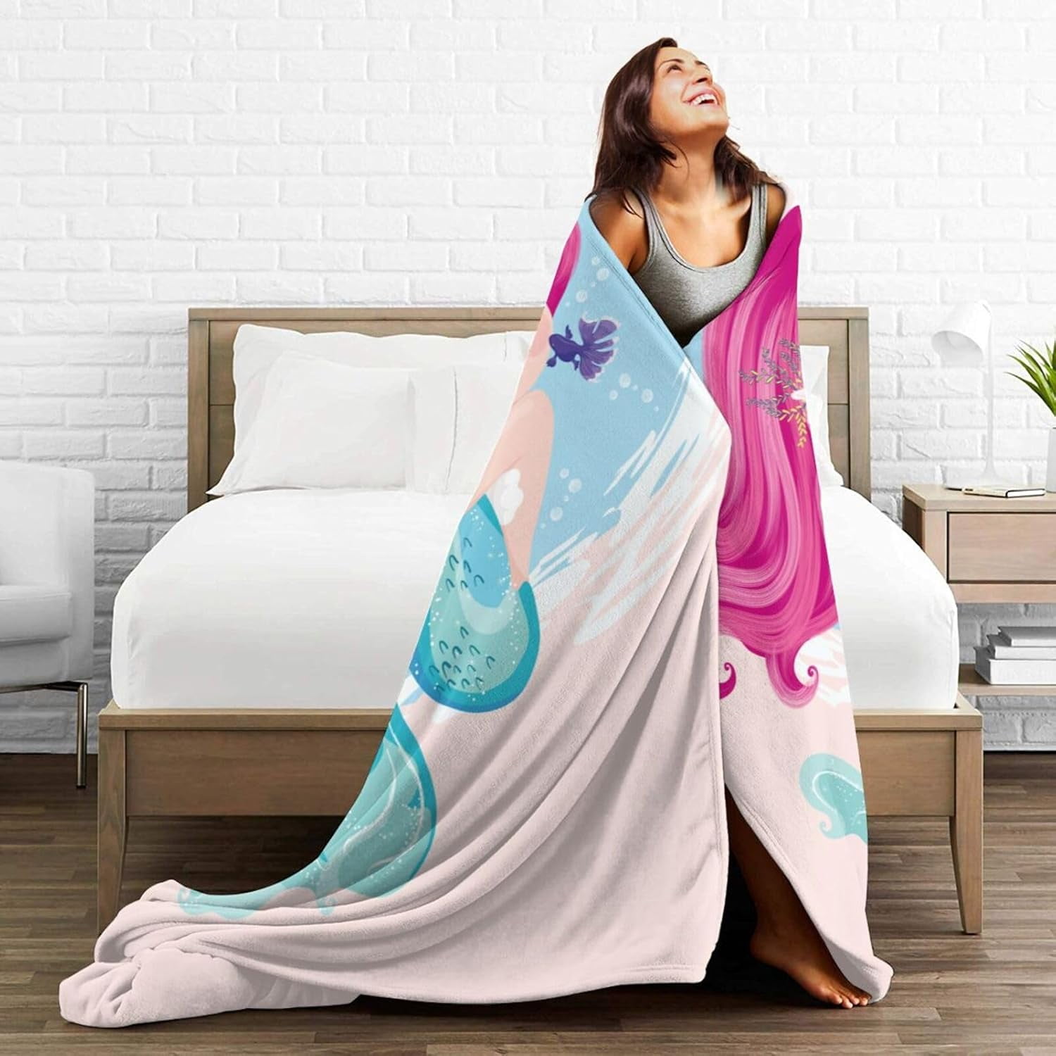 Cute Mermaid Girl Bed Blanket Ultra Soft Throw Blanket All Season Warm Light Weight Cozy Plush Blankets for Home Bedroom Sofa Chair Travel, 60"X80"
