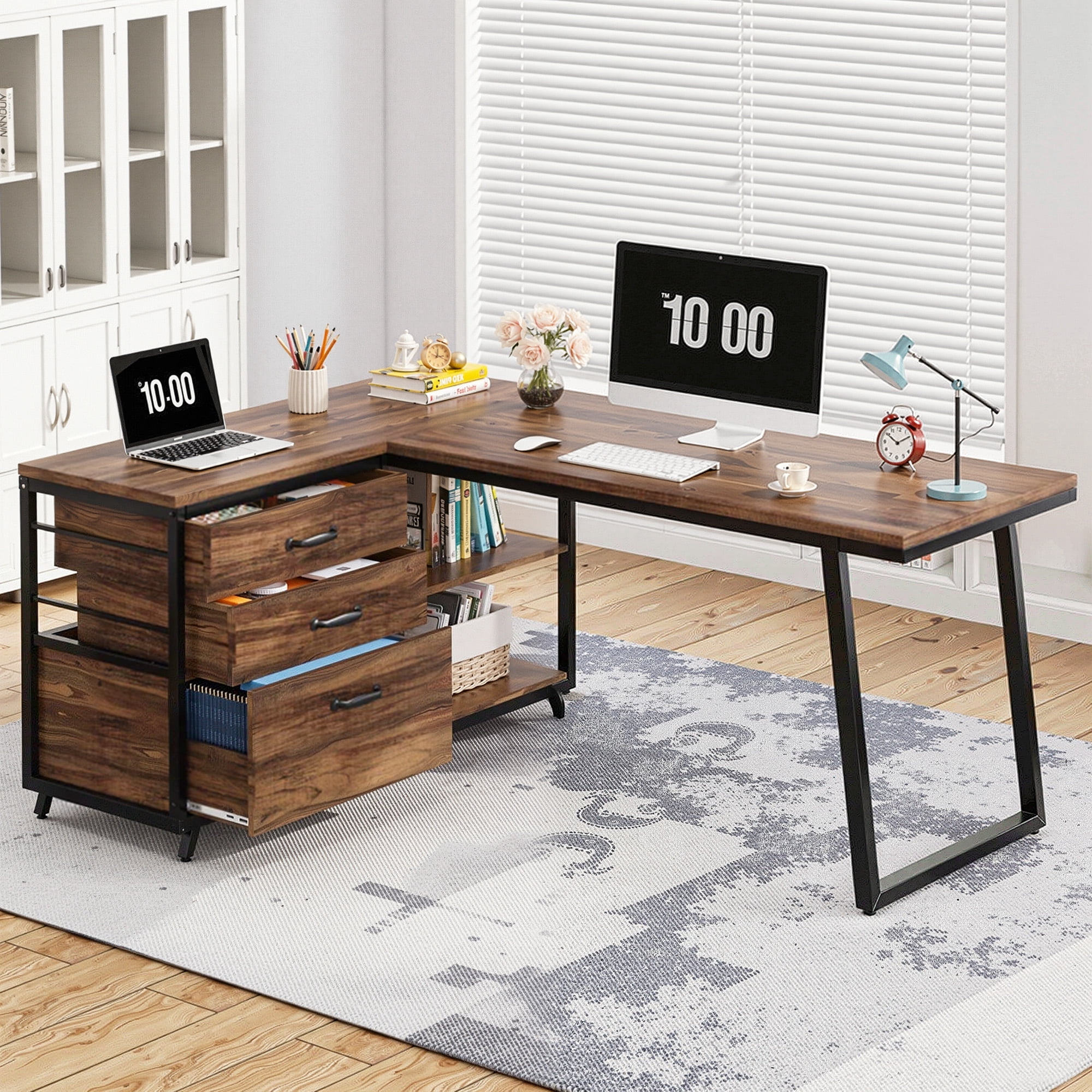 MAYEERTY 53" L-Shaped Desk with File Cabinet, Industrial Style, Easy Assembly