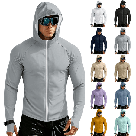 Men s UPF 50+ Sun Protection Outdoor Lightweight Full Zip Hoodie Jacket Long Sleeve Thumb Hole Fishing Hiking Performance Shirt Light Gray 3XL