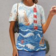 thumbnail image 3 of Lighthouse Sailboats Waves Womens Tops Women's Fashion Casual Short Sleeve Flower Print Round Neck Pullover Top Blouse, 3 of 7