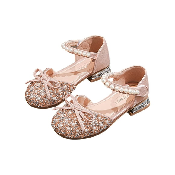 LOVZFMLL Girl's Dress Shoes Adorable Sparkle Mary Jane Bow Princess Low Heels Wedding Party Footwear for Toddler Kids Pink 5.5-6 Years