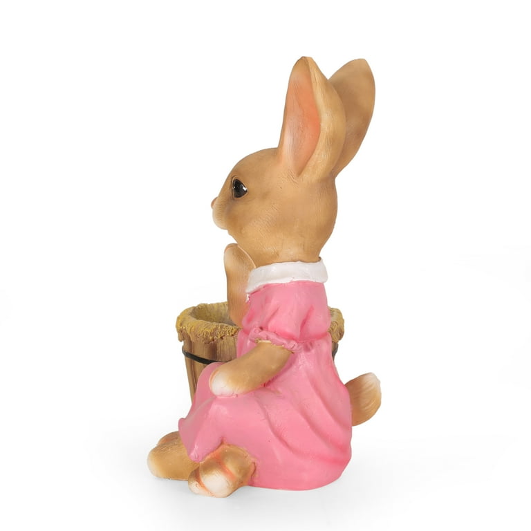 Hand-Crafted Cast Stone Outdoor Adorable Brown Rabbit with Pink high quality Dress Decorative Planter