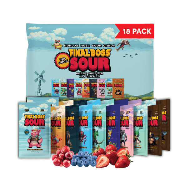 Final Boss Sour Candy, Variety Pack, All Sour Levels, Extreme Sour Fruit Chews with Real Dried Fruit, 18 Pack