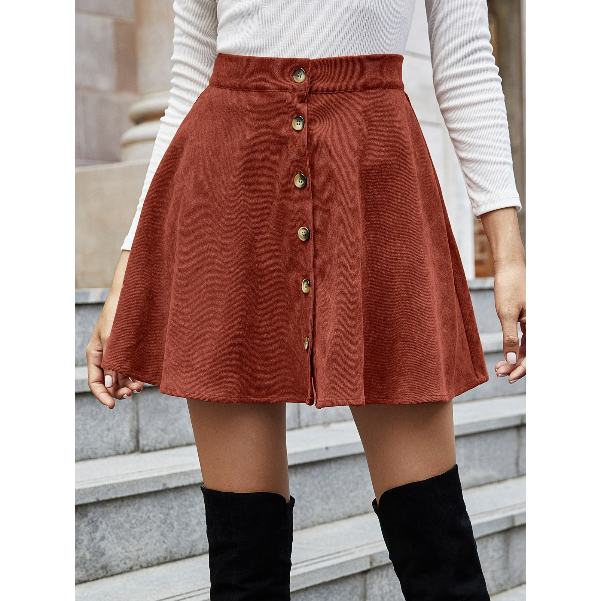 ZECATL Women s Button Up Flare A Line Corduroy Skater Cord Short Skirt
