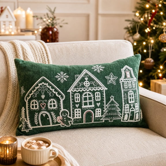 Christmas Embroidered Throw Pillow Covers, Gingerbread House Snowflake Decorative Cushion Cases For Sofa Couch Living Room Xmas Home Decor