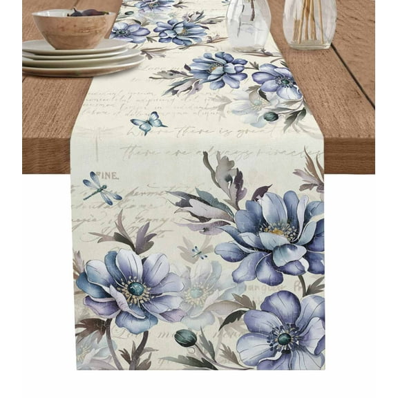 Purple Blue Flower Table Runner 70 Inches, Farmhouse Botanical Floral Butterfly Bed Runner Dresser Scarves Tabletop for Indoor Outdoor Parties/Ceremony/Banquet, 13" x 70"