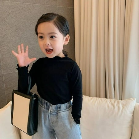 

Baby Girls High Collar Pearl Bottoming Shirts Cotton Kids Casual Long Sleeve T-shirt Tee Tops Solid Spring Autumn Sweatshirts