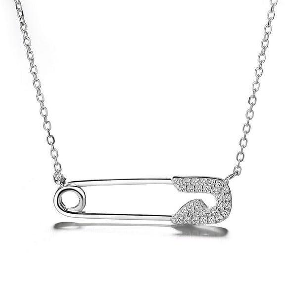 18K White Gold Plated Safety Pin Pendant with Crystals