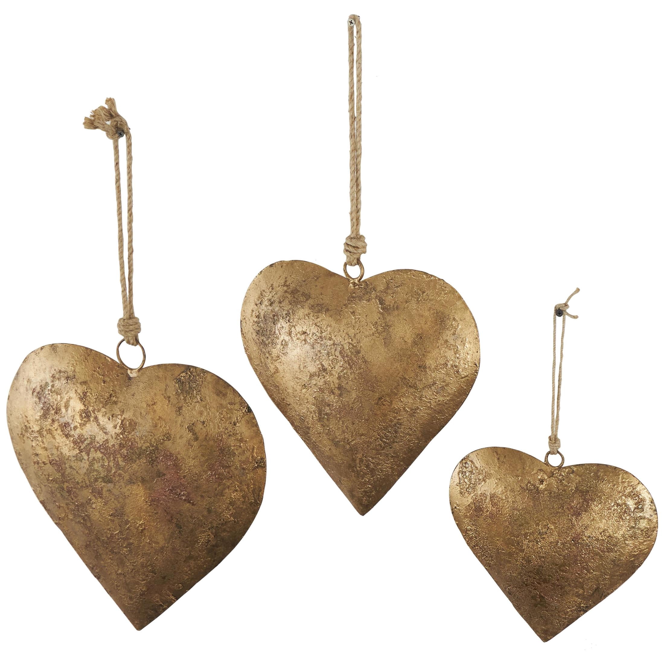 DecMode Tibetan Inspired Gold Metal Heart Decorative Bells with Jute Hanging Rope, 3 Count