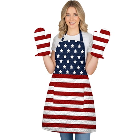 adaychics Patriotic Apron and Oven Mitt 2 Pieces Quilted Oven Gloves Apron Flag Kitchen BBQ Set for Home Cooking