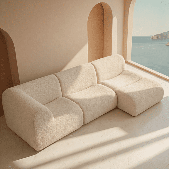 Vorthio Boneless 3-Seater Modular Sectional Sofa with Chaise, Reversible L-Shaped Sherpa Couch with High-Density Foam, No Assembly for Living Room White