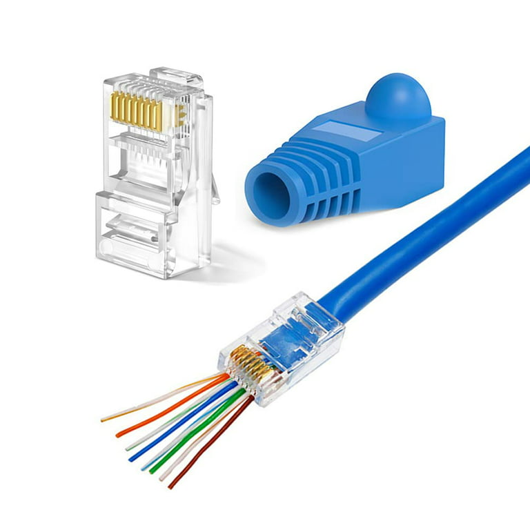 Hiija 100PCS Cat6 RJ45 Pass Through Connectors + 100PCS RJ45 Boot Cover,  Ethernet Cable Crimp Connectors UTP Network Plug for Solid Wire and  Standard