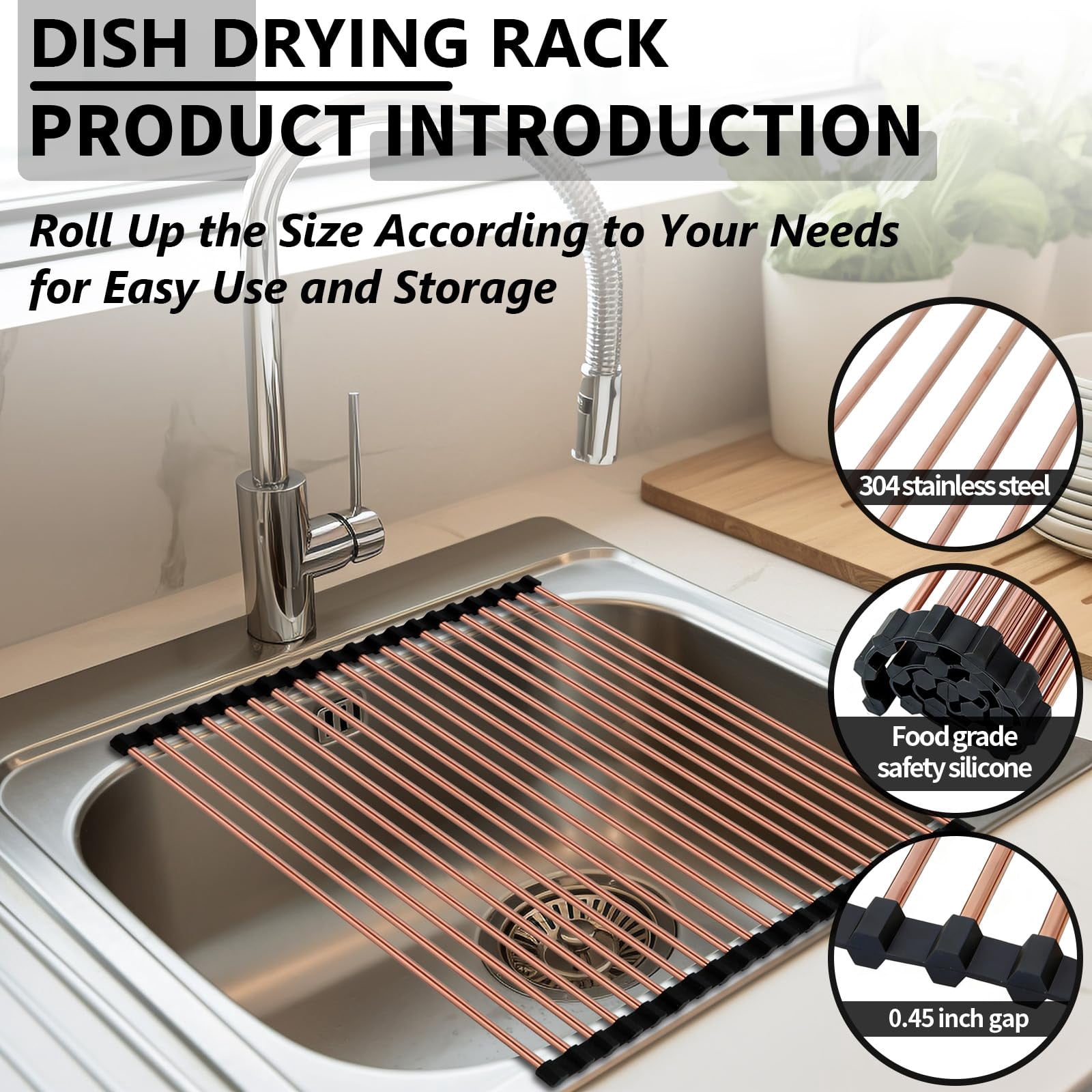 15.74"*17" Large Roll Up Dish Drying Rack Over The Sink  Stainless Steel Multipurpose Foldable With Anti-slip Silicone For Kitchen Counter Drainer Rose