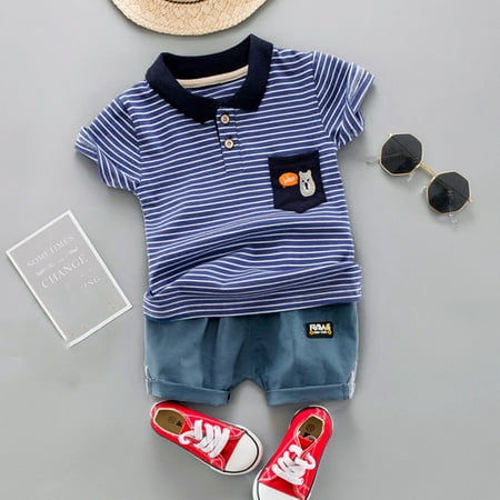 

Yubatuo Kid Baby Boy Gentleman Stripe Tops T-Shirt + Shorts Outfit Set ClothesBlue110
