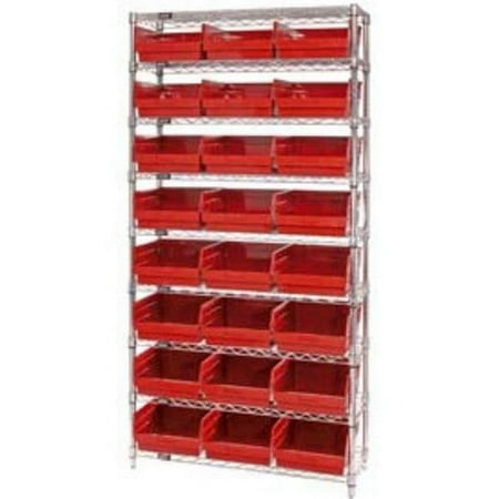 

Quantum Storage Systems WR9-210 Chrome Wire Shelving with 24 6 in. Plastic Shelf Bins Red - 36 x 18 x 74 in.