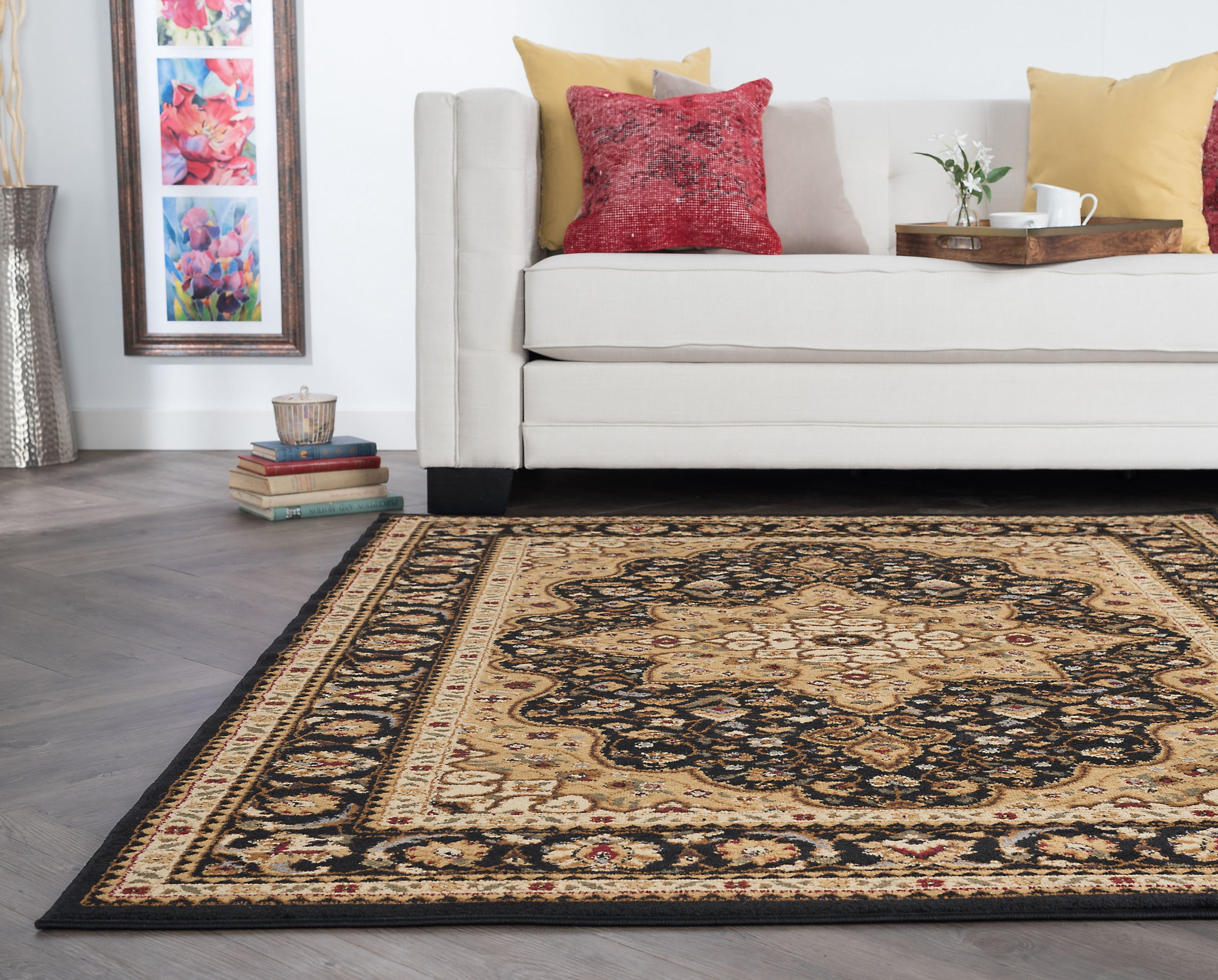 Traditional 5x7 Area Rug (5' x 7') Oriental Black, Gold Living Room Easy to Clean