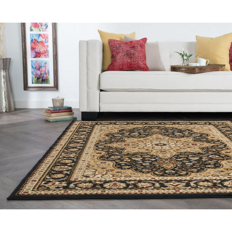 Alfa Rich 5x5 Area Rugs, Ultra-Thin Oriental Black Gold Rug, Non-Slip  Machine Washable, Easy Clean, Pet Friendly 5' Round Rug 