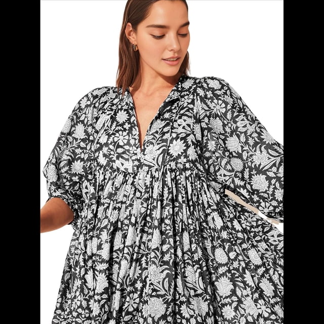 Vestido Midi Holgado Informal de Verano para Mujer, con Escote en V, Cordones, Media , Estampado Geométrico Bohemio Negro M