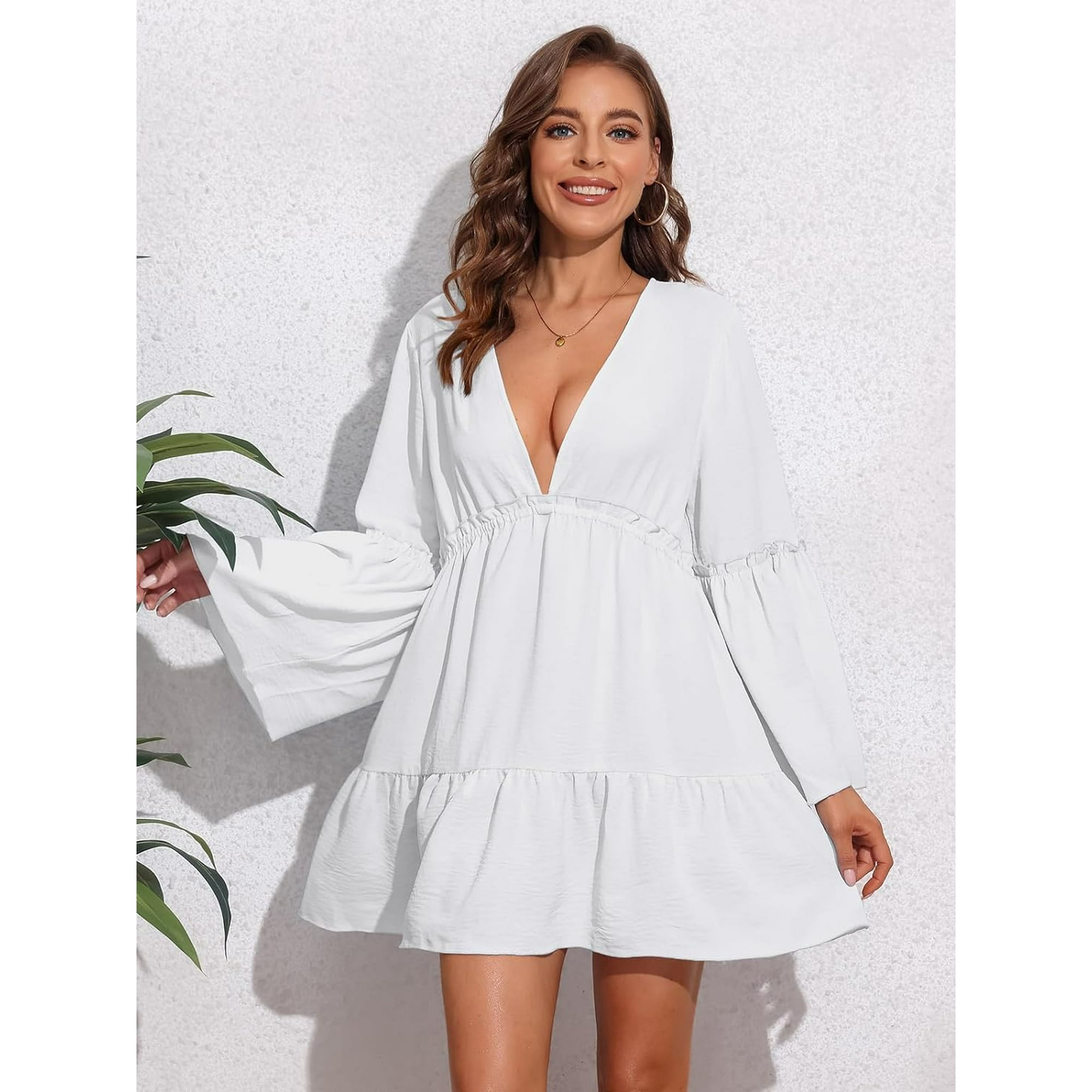 Beautyin Fall Casual Dress Deep V Neck Loose Tunic Dress Long Bell Sleeves A Line Flowy Womens Dresses S XL