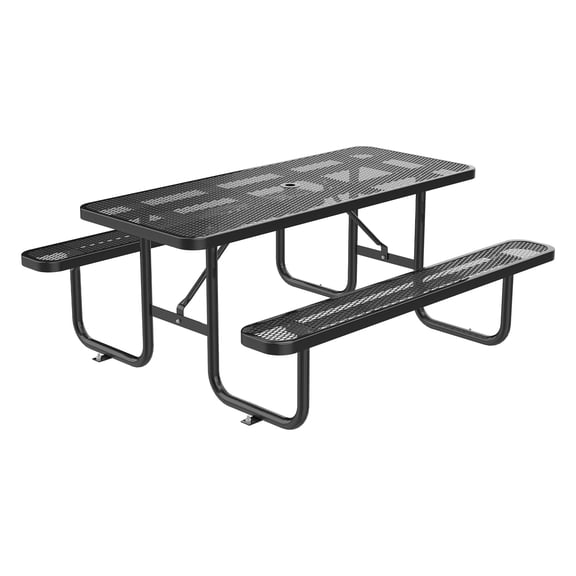 Chery Industrial 96" Expanded Metal Picnic Table with 2 Benches & Umbrella Hole, Outside Table and Bench Set for Park, Garden, Backyard, Patio, Black