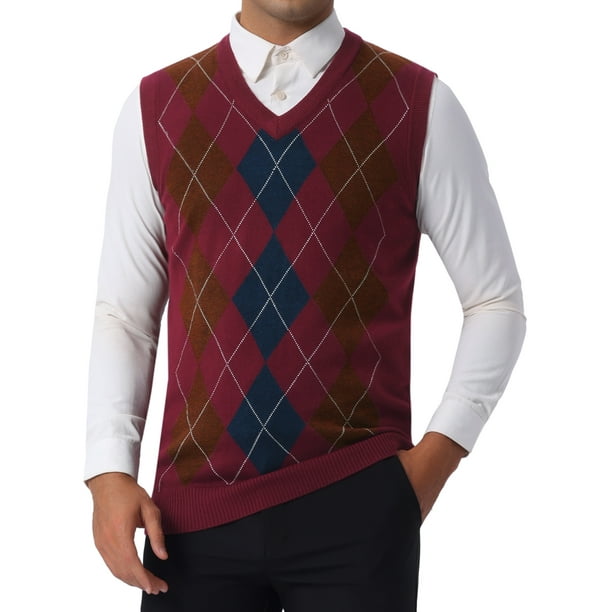 CHALCOS CHIC Chalecos de Hombre de Punto Argyle Ajustados Sin Mangas Color Contrast Pullover Chaleco L Burdeos Azul