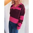 thumbnail image 5 of Women Fall V Neck Sweater Color Block Long Sleeve Shirt Casual Loose Striped Pullover Sweaters Rose Red M, 5 of 9