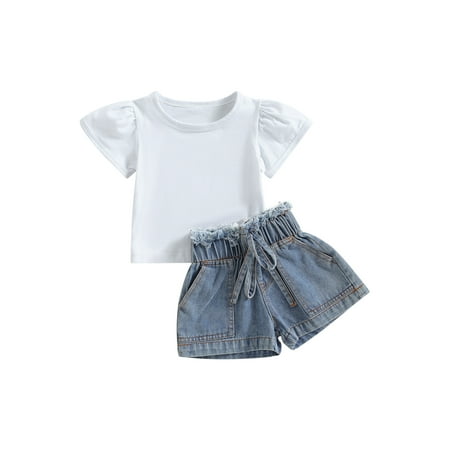 

aturustex 6M 12M 18M 24M 3T 4T Toddler Baby Girls Summer Outfit Casual Short Sleeve T-shirt and Elastic Bandage Denim Shorts Set 2Pcs