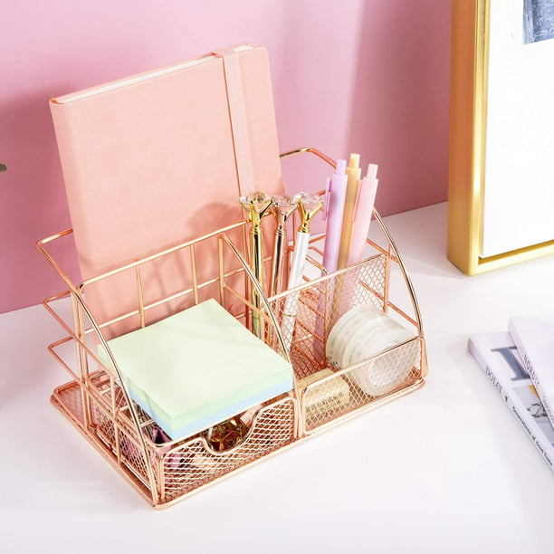 Organiseur de bureau en maille or rose et accessoires - Accessoires de  bureau essentiels avec tiroirs - Utilisé
