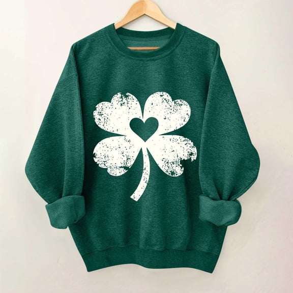 YueHuiYing Women's Oversized Green Leaf Letter Print Crew Neck Long Sleeve St. Patrick's Day Versatile Hoodless Sweatshirt