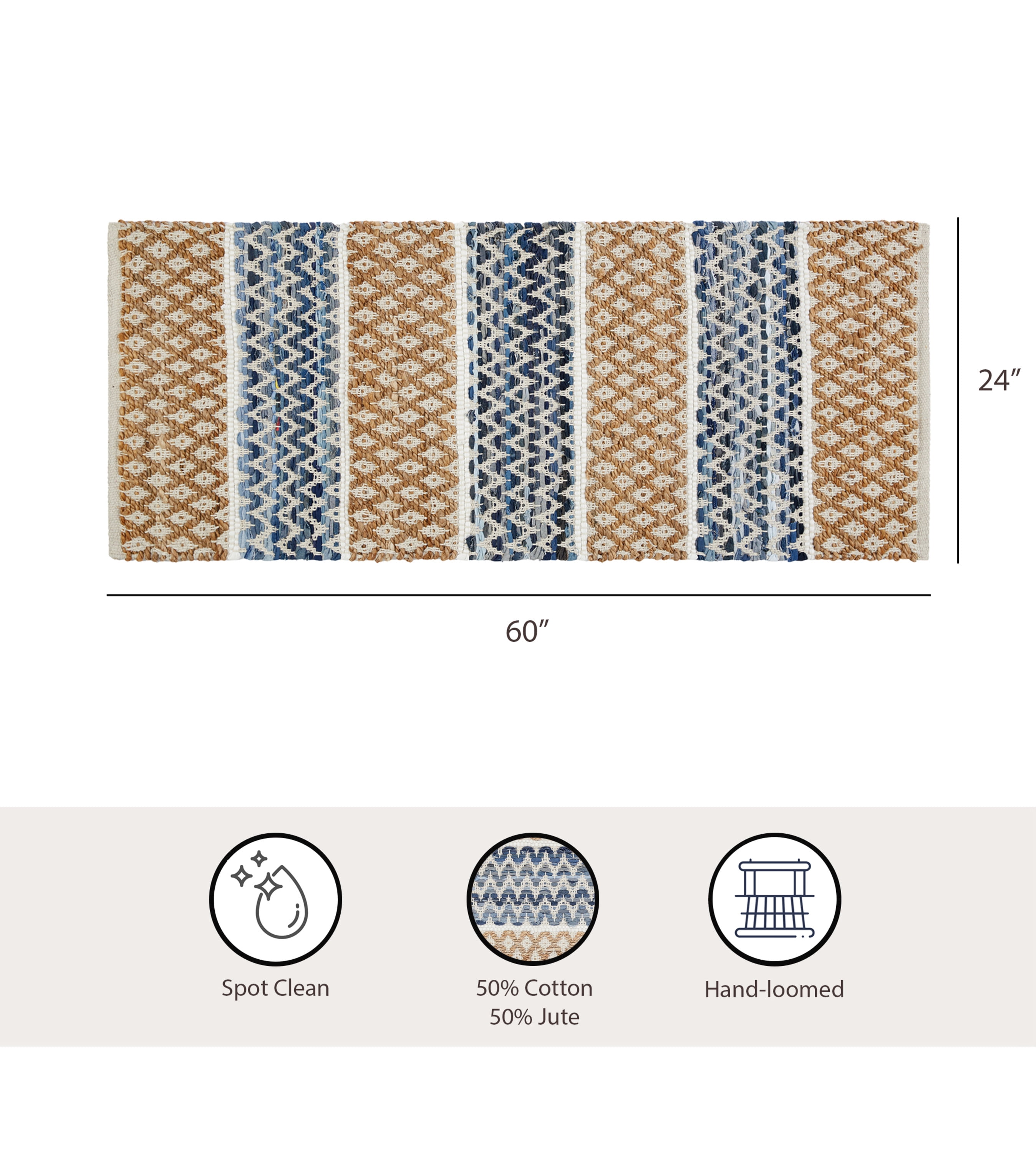 Natural and Blue Diamond Jute Accent Rug, 2' x 5'