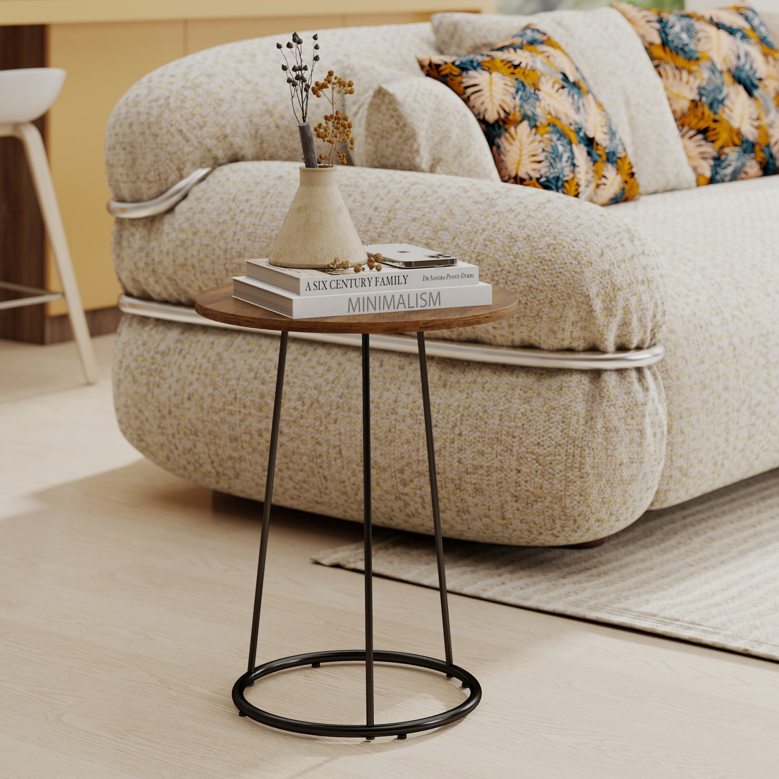 Manora Round End Table Small Side Table for Living Room Bedroom Corner Table Drink Table, Red Brown Oak Finish