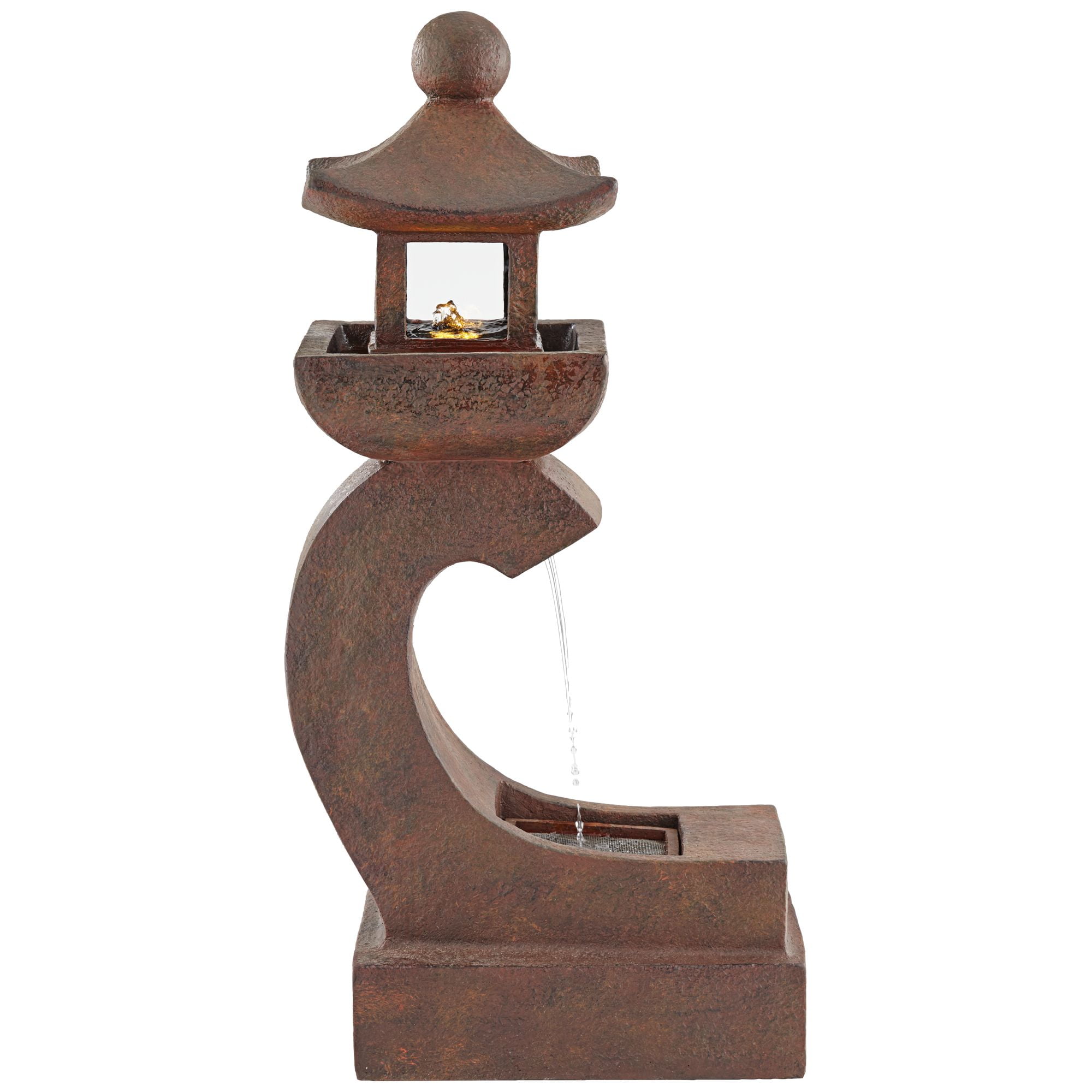 Pagoda 31" High Large Zen Japanese Indoor Outdoor Decor Rust Stone Floor Fountain with Light LED Outside
