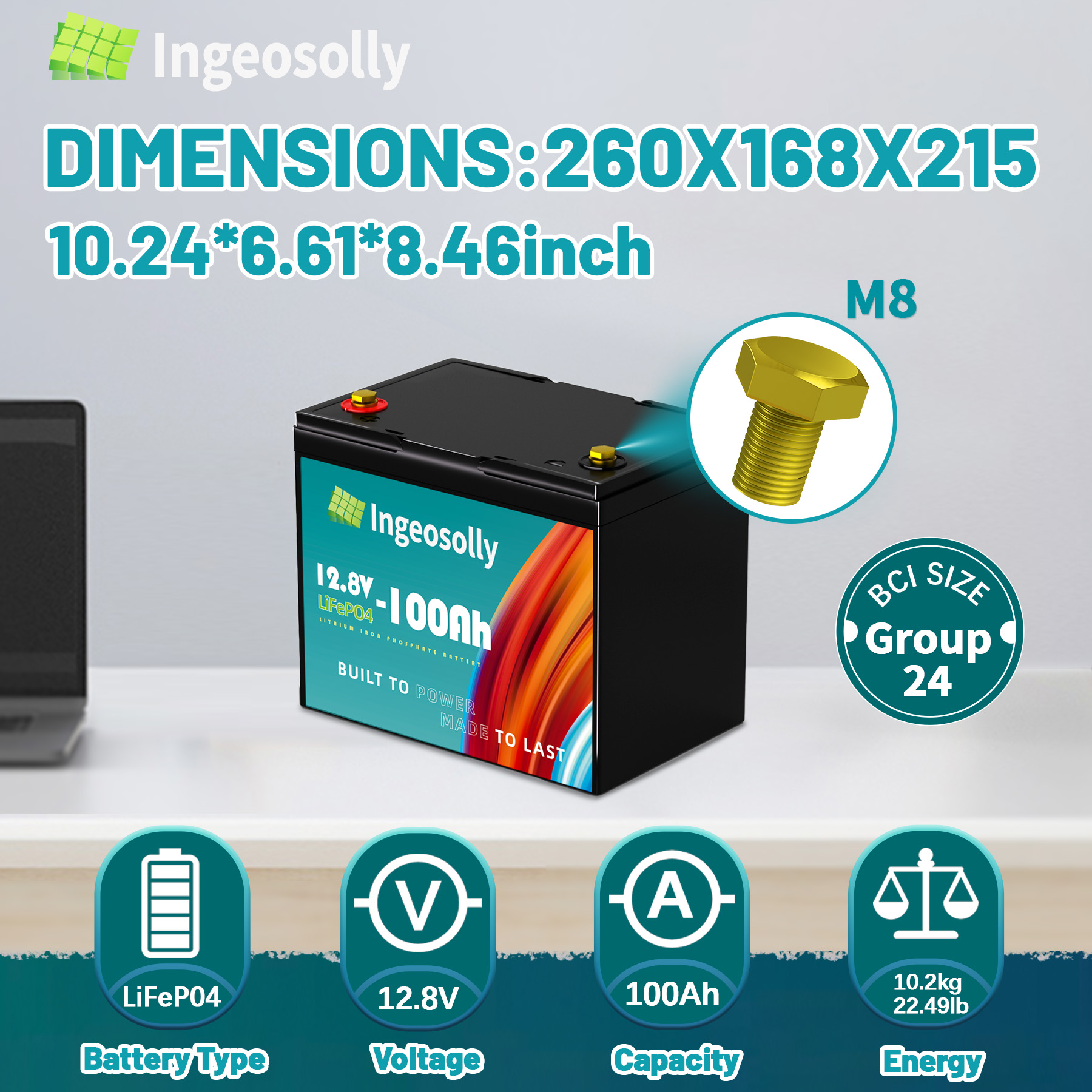 3PACK 12V 100AH Mini LiFePO4 Lithium Battery with 100A BMS,15000 Deep Cycles,Ingeosolly for RV,Solar,Camping,Trolling Motor,off-Grid,Marine