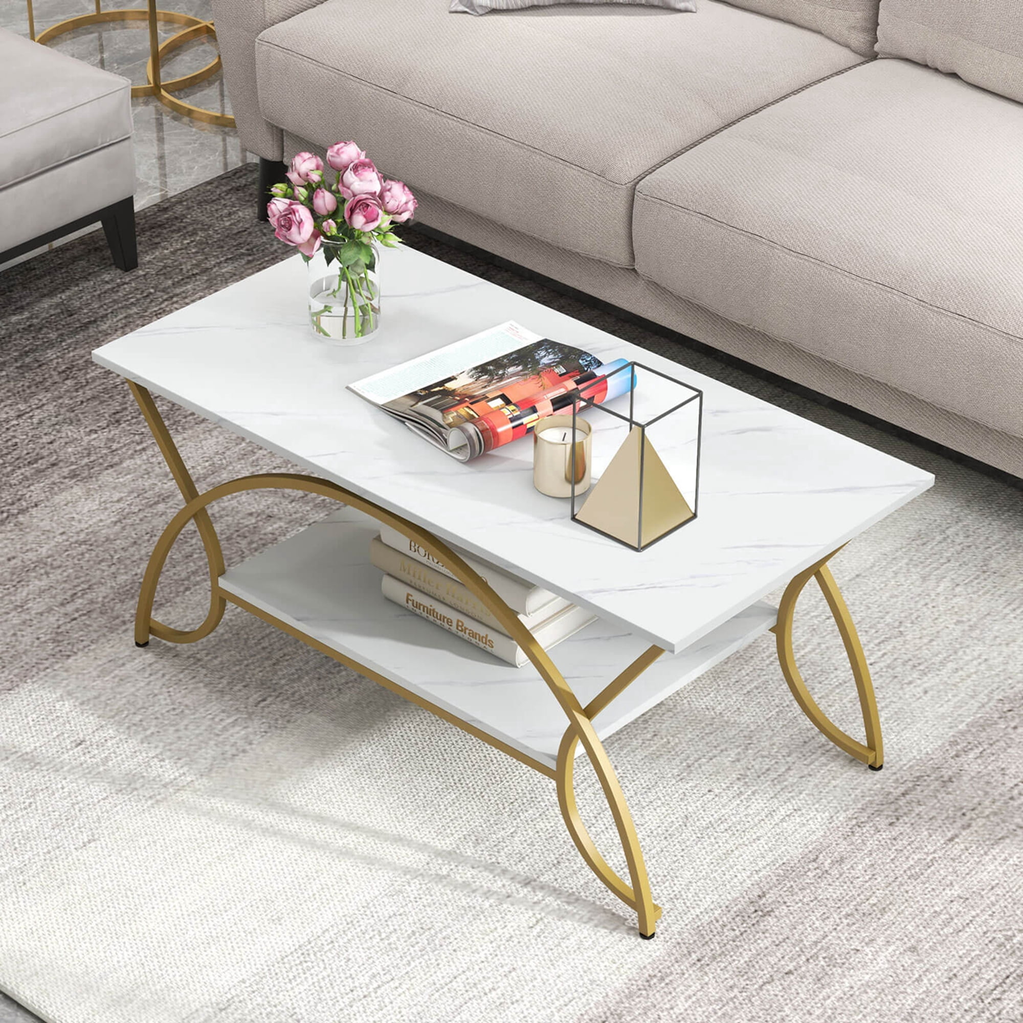 Costway Coffee Table Modern Marble 2-Tier Coffee Table  Gold Rectangle for Living Room