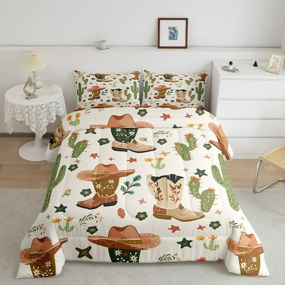 Erosebridal Brown Shoes Comforter Sets, Western Cactus Comforters & Duvets, Rustic Botanical Decor, Reversible 2pcs