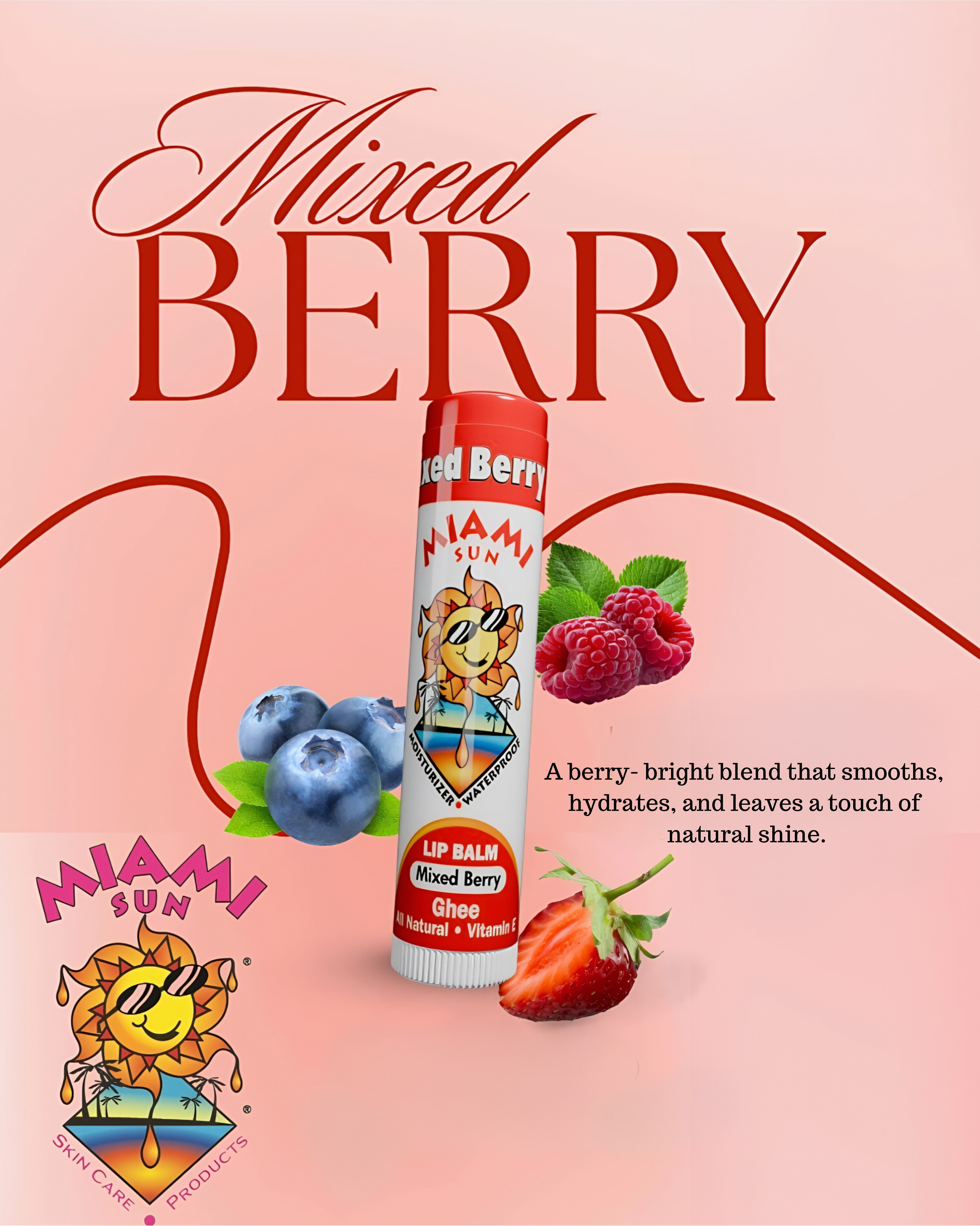Miami Sun Natural Lip Balm Variety Pack – Mixed Berry, Unflavored, Orange & Vanilla Bean – Moisturizing & Hydrating Lip Care with Ghee (20 pcs)
