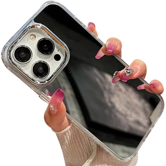 Case Luxury Plating Make Up Mirror for iPhone,Hard Acrylic Full Body Protection,Cute Slim Clear Shockproof Cover (Silver,iPhone 14)