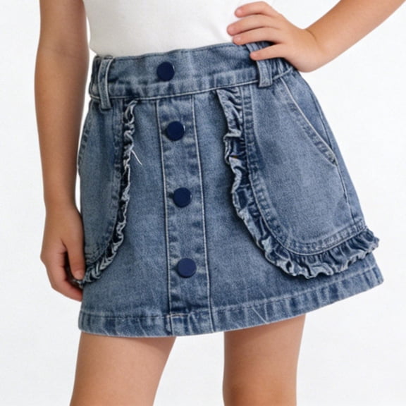 Floleo Girls' Ruffle Trim Denim Mini Skirt High-Waisted Button-Front A-Line Skirt for Kids Casual School Everyday and Summer Wear(Blue,11 Years)