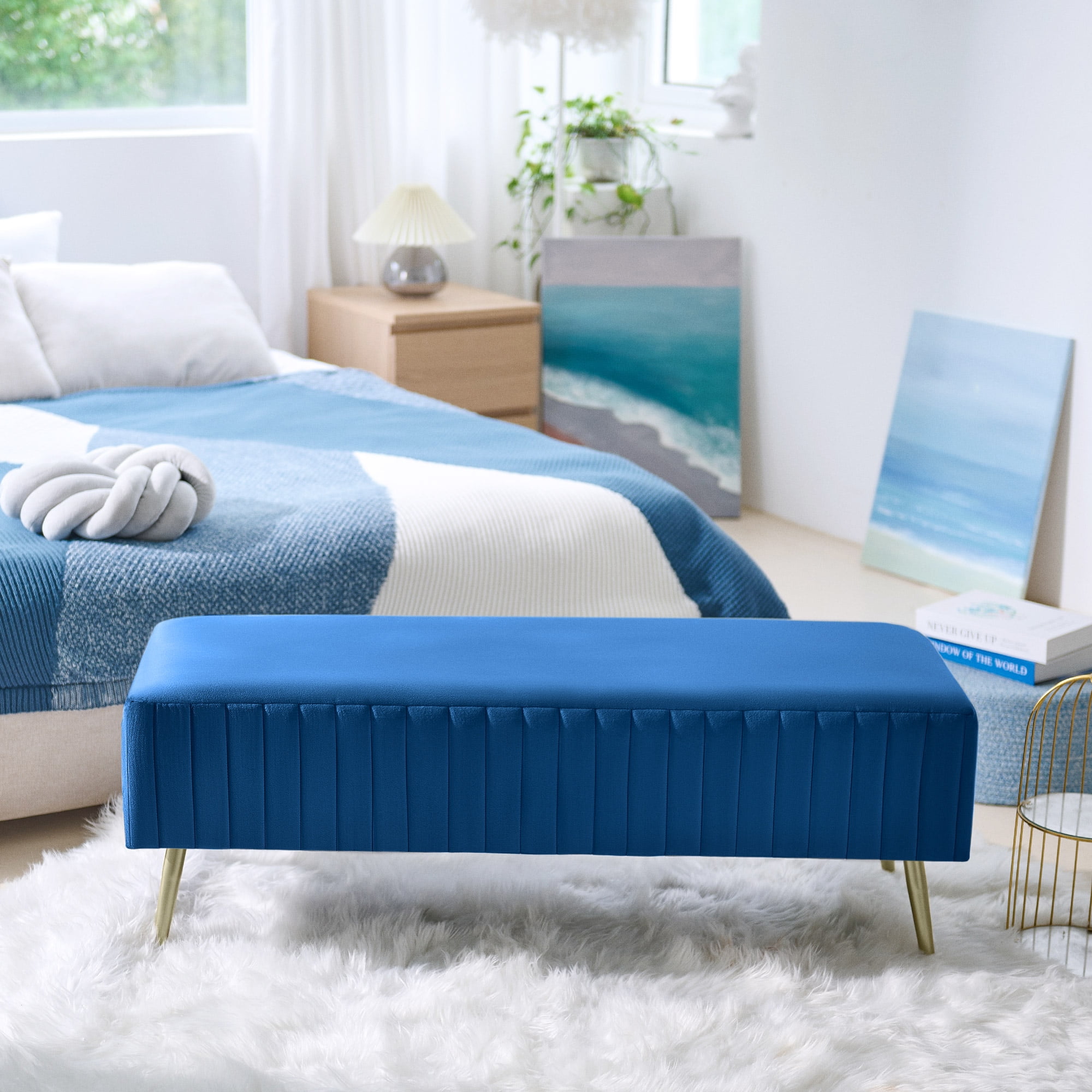 46" Upholstered Velvet Bench, Extra-Long Ottoman Footrest Stool with Padded Seat and Golden Metal Legs, Modern End of Bed Bench for Bedroom Entryway Living and Dining Room Hallway More, Blue