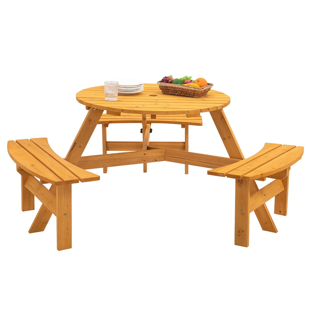 Kadyn 6-Person Outdoor Wooden Picnic Table, Circular Picnic Table Bench Set for Patio, Modern Picnic Table with 3 Built-in Benches, Natural