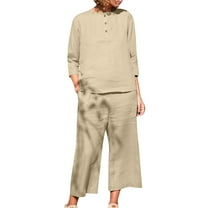 QUYUON Women Linen Pants Sets 2 Piece Outfits Women’s Plus Size Crew Neck Button up 3/4 Sleeve Tops and Wide Leg Long Pant Sets Casual Loose Two Piece Outfits Lounge Sets Khaki 4XL