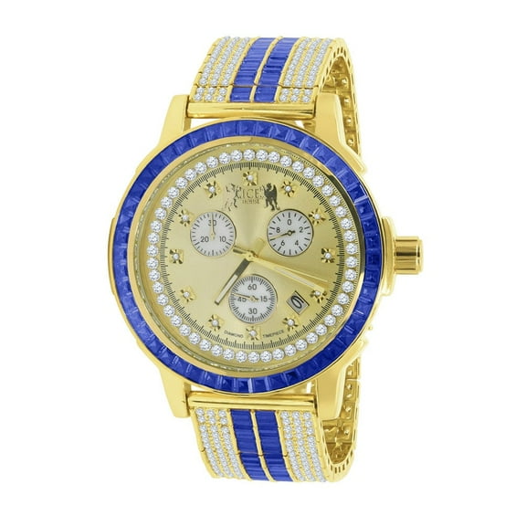 Sapphire Blue Solid Steel Baguette-Cut Solitaire Bezel Yellow Gold Tone Simulated Diamond Adjustable Band Mens Watch W/Date