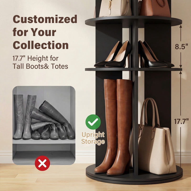 Homall 7-Tier 360° Rotating Shoe Rack, 23.6" Dia, 64.5" H, Holds 35 Pairs, Tall Boots & Handbag Storage
