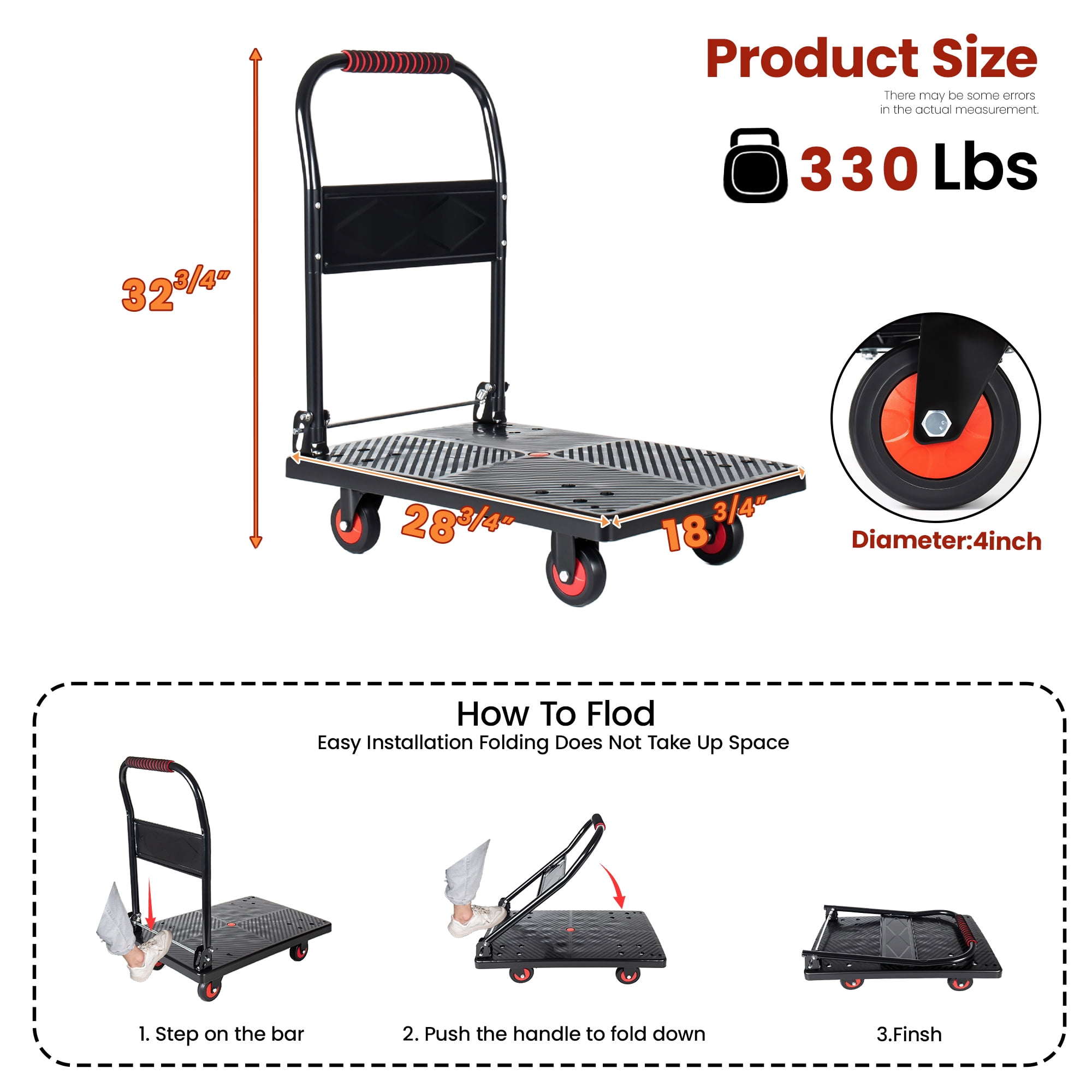 Foldable Platform Truck Dolly, 330lbs Heavy‑Duty Push Handcart with 4'' TPR 360° Silent Swivel Wheels & 4 Steel Load‑Bearing Beams for Warehouse Garage Home Moving