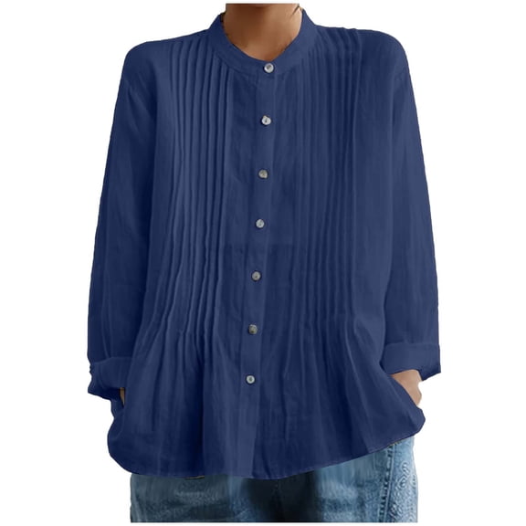 Mittory Womens Cotton Linen Button Down Shirts Pleated Long Sleeve High Neck Loose Fit Work Blouses Tops