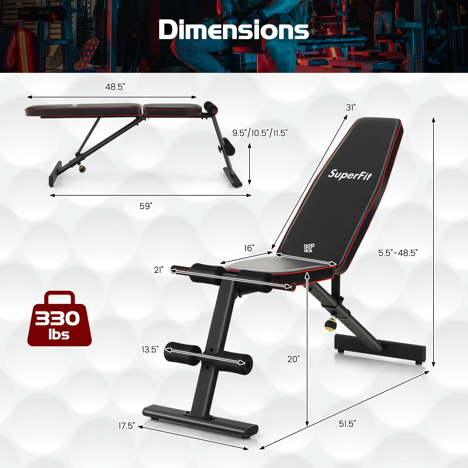 Incline Decline Flat Bench Adjustable, 8 Back & 3 Foot Settings, Padded Cushions for Home Gym, Dumbbell Press Workout Equipment, Black