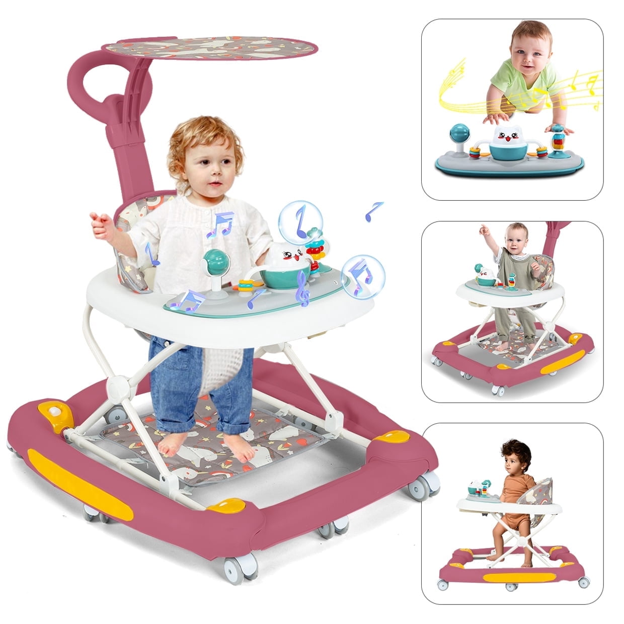 Jonster Baby Walkers with Removable Toy Tray & Musical Activity Station, Foldable Baby Walkers for Boys Girls Babies 6-36 Months, Red