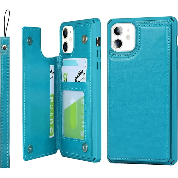 for iPhone 11 Wallet Case with RFID Blocking Card Holder,Premium PU Leather Magnetic Buttons Stand Flip Wrist Strap Shockproof Case for iPhone 11 6.1 Inch,Macaron Blue