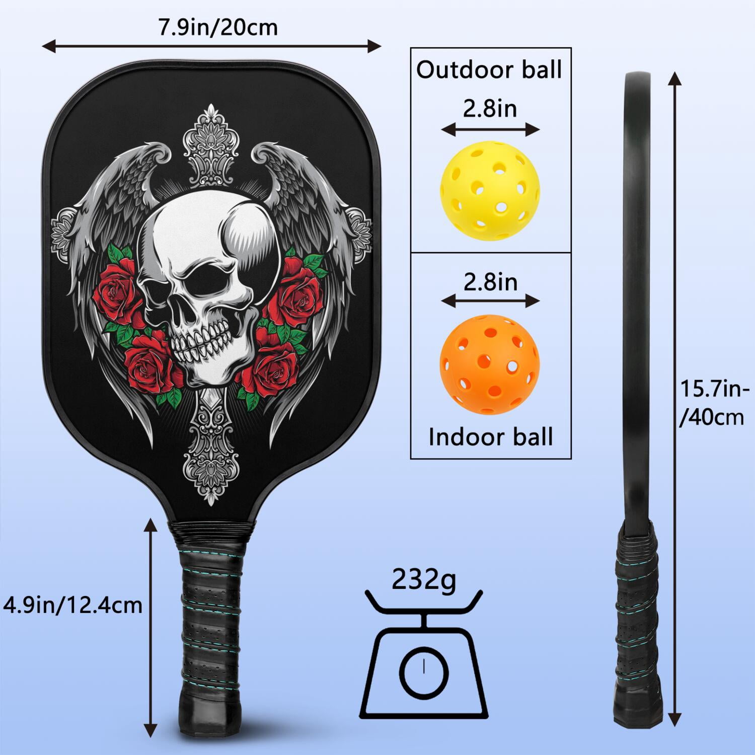 Pickleball Paddles Set Of 2, Fiberglass Surface, Skull & Cool Style, 4 Balls & Bag