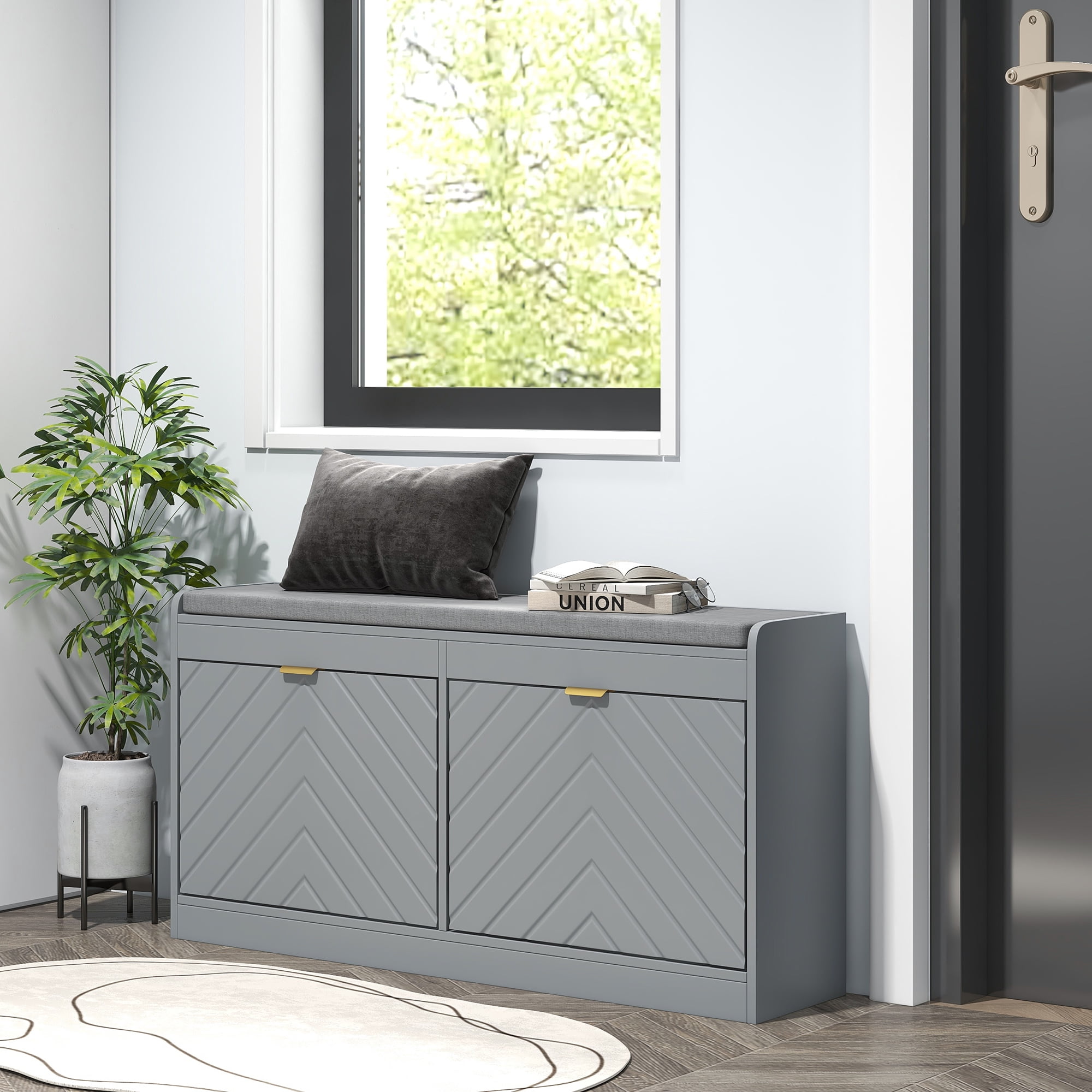 Banc à Chaussures Avec Coussin Et Rangement - Meuble D'entrée 90x41x40 Cm, Gris (HOMCOM)
